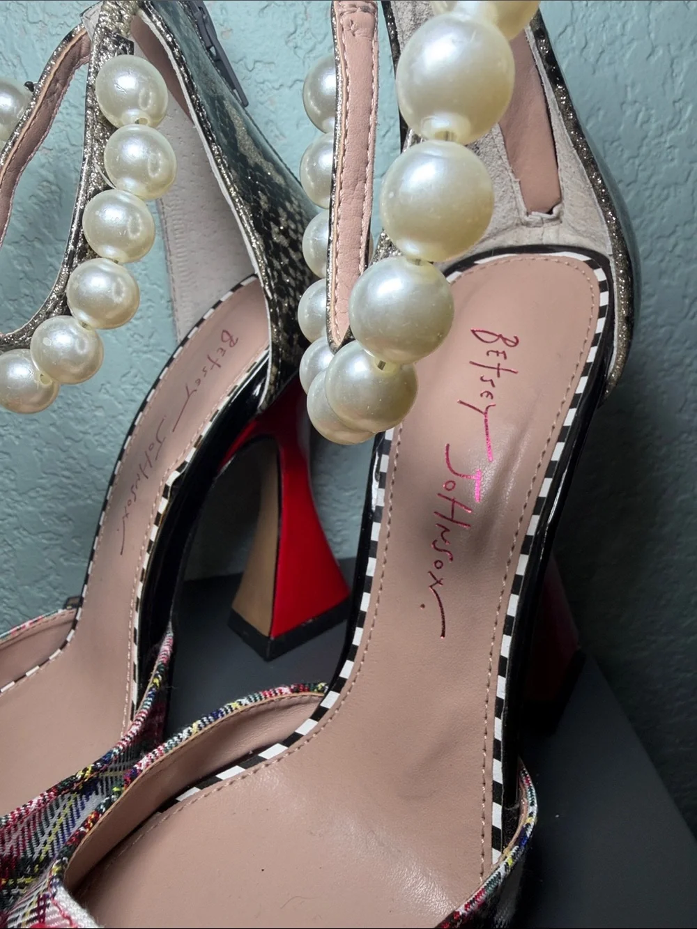 Betsey Johnson Walton Plaid Mixed Media Pearl Pumps Size 6